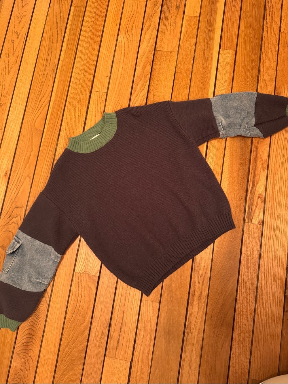 ADORA Navy Crewneck Sweater with Green Rib and Denim Sleeve Panels